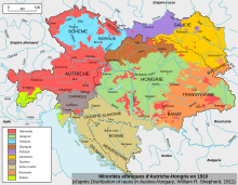 Carte de l'Autriche-Hongrie montrant une multitude de couleurs, donc de minorités ethniques, imbriquées.