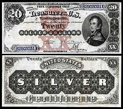 Obverse and reverse of an 1808 twenty-dollar silver certificate