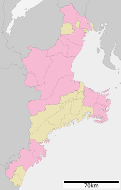 Mapa konturowa prefektury Mie, u góry znajduje się punkt z opisem „Komono”