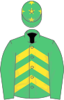 Emerald green and yellow chevrons, emGreen sleeves, emGreen cap, yellow stars