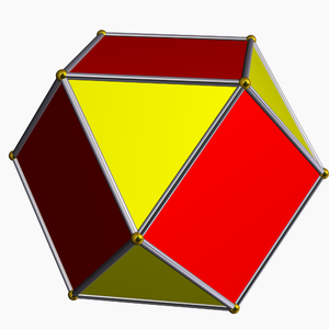 Kuboktaedern har kvadrater och liksidiga trianglar som begränsningsytor. Den är en arkimedisk kropp