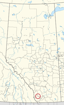 A map of the province of Alberta showing 80 counties and 145 small Indian reserves. One is highlighted with a red circle.