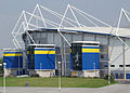 The stadium's exterior decorated in the City Council's colours