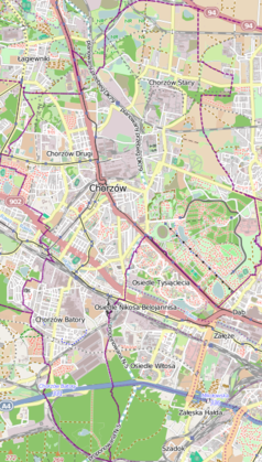 Mapa konturowa Chorzowa, w centrum znajduje się punkt z opisem „Górnośląski Park Etnograficznyw Chorzowie”