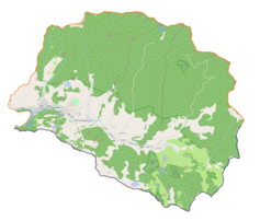 Mapa konturowa gminy Szczawnica, po prawej znajduje się punkt z opisem „źródło”, natomiast blisko centrum po prawej na dole znajduje się punkt z opisem „ujście”