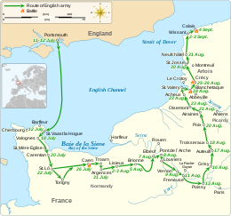 A map of south-east England and north east France showing the route of the English army