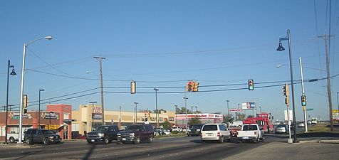 An example of a wire-mounted traffic light in Fort Worth, Texas.