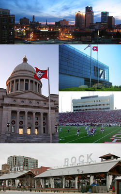 Clockwise from top: Little Rock skyline, William J. Clinton Presidential Library, War Memorial Stadium, the River Market District, and the Arkansas State Capitol