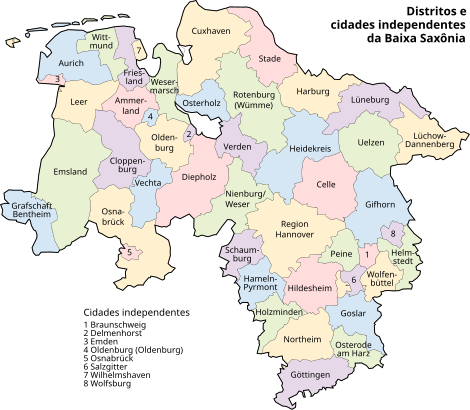 Mapa da Baixa Saxônia e os limites distritais.