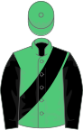 Emerald green, black sash and sleeves, green cap