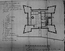 Architectural drawing of building with four protruding corners