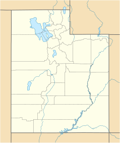 Mapa konturowa Utah, blisko centrum u góry znajduje się punkt z opisem „Bluffdale”