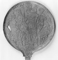 Bronze mirror depicting the Judgement of Elcsntre. Figures from left to right: Elcsntre, Uni, Menrva, unknown.