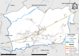 Carte en couleur présentant le réseau hydrographique de la commune