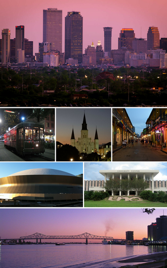 Frae tap left: A teepical New Orleans mansion off St. Charles Avenue, a streetcar passin bi Loyola Varsity an Tulane Varsity, the skyline o the Central Business Destrict, Jackson Square, an a view o Ryal Street in the French Quarter