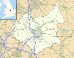 Mapa konturowa Leicestershire, u góry nieco na lewo znajduje się punkt z opisem „Donington Park”