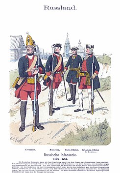 Infanteri 1756-1762. Från vänster: grenadjär, musketerare, regementsofficer, kompaniofficer.