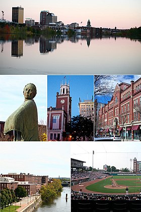 Do topo, em sentido horário: panorama de Manchester a partir de Amoskeag Falls, Hanover Street, um jogo no Northeast Delta Dental Stadium, o Arms Park Riverwalk and Millyard, a estátua Mill Girl em Millyard, e a Prefeitura