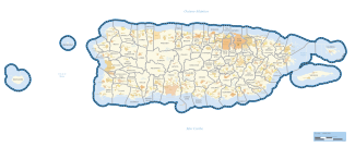 Map of Puerto Rico with urban areas demarcated in orange to yellow