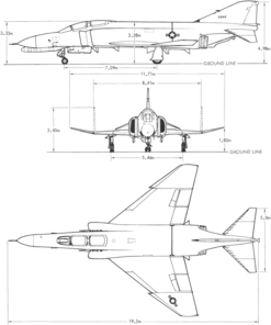 3-view line drawing of the McDonnell Douglas F-4E Phantom II