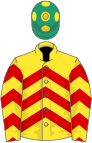 Yellow, red chevrons, emerald green cap, yellow spots