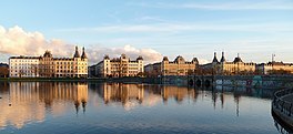 Panoramic view of Sortedams Sø with Søtorvet and Dronning Louises Bro