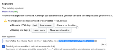 Warning shown when the existing user signature is invalid (has lint errors).