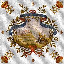 Drapeau de la 1re compagnie des mousquetaires du roi d'après Du Vivier[10] – 1715. On y lit la devise : « Quo ruit et letum » (« Où elle tombe [allusion à la bombe représentée], la mort aussi », « Où elle tombe la mort vient avec elle »).