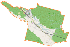 Mapa konturowa gminy Zawadzkie, u góry nieco na lewo znajduje się punkt z opisem „Zawadzkie”