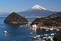 発端丈山から望む内浦湾に浮かぶ淡島（静岡県沼津市）と富士山