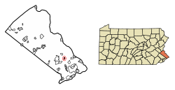 Location of Newtown in Bucks County, Pennsylvania (left) and of Bucks County in Pennsylvania (right)