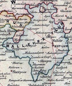 Detail of Malerkotla State from a map of British and native states in the Cis-Sutlej Division between 1847–51, by Abdos Sobhan, 1858