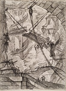 Forerunner of Escher's fantastic endless stairs: Piranesi's Carceri Plate VII – The Drawbridge, 1745, reworked 1761