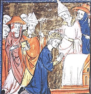 A medieval depiction of the coronation of the Emperor Charlemagne in 800. The bishops and cardinals wear purple, and the Pope wears white.