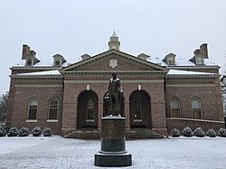 Tucker Hall and Monroe statue in the snow