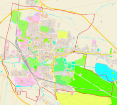 Mapa konturowa Kluczborka, w centrum znajduje się punkt z opisem „Ratusz w Kluczborku”