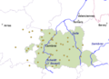 The yellow dots show places in the early medieval Pagus Cambrecensis, and the green is the modern arrondissement.