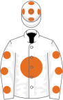 White, orange disc and spots on sleeves, white cap, orange spots