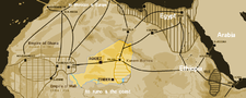 Mapa mostrando as principais rotas de caravanas transaarianas cerca de 1400. Também são mostradas o Império do Gana (até o século XIII) e o Império do Mali do século XIII - XV. Observe a rota ocidental correndo de Jené via Tombuctu para Sijilmassa. O Níger atual em amarelo.