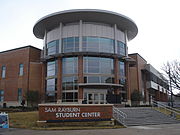 A statue of Rayburn in front of the Sam Rayburn Student Center (opened in 2009) at Texas A&M-Commerce