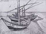 Fishing Boats on the Beach at Saintes-Maries, Reed pen, 1888, Private collection (F1428)