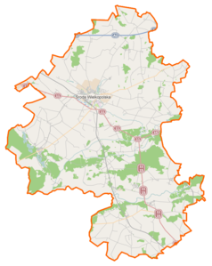 Mapa konturowa powiatu średzkiego, na dole po prawej znajduje się punkt z opisem „Nowe Miasto nad Wartą”