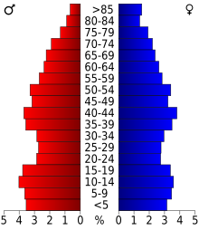 Schéma représentant la population du comté, par tranche d'âge. En rouge, à gauche, les femmes, en bleu à droite, les hommes.