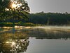 Sunlight shining through trees on a lake which reflects the plants lining its shore