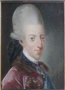 Den dansk-norske kong Christian VII (1749-1808) i tidsriktig frisyre med pompadur ca. 1775. Maleri av Jens Juel, nå i Frederiksborgmuseet.