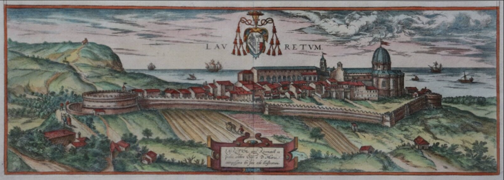 Vue générale de Lorette, gravure originale sur cuivre de Georg Braun et Frans Hogenberg, 1580.