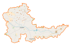 Mapa konturowa powiatu proszowickiego, blisko centrum na dole znajduje się punkt z opisem „Parafiapw. świętej Anny – Matki NMPw Bobinie”