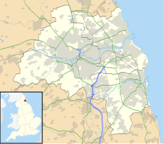 Mapa konturowa Tyne and Wear, u góry nieco na prawo znajduje się punkt z opisem „Backworth”