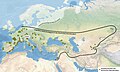 Neandertaliečio iškastų fosilijų ir kaulų vietos žemėlapyje. Daugiausia jų aptinkama vakarų ir pietvakarių Europos dalyse.