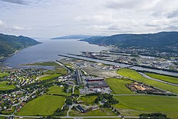 View of the industrial area with the city in the background